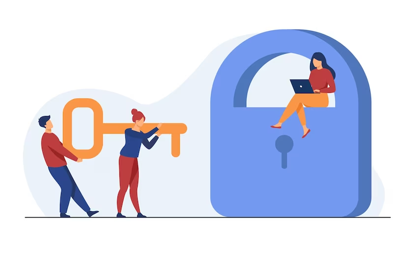 Illustration of People Carrying Key to Open Padlock